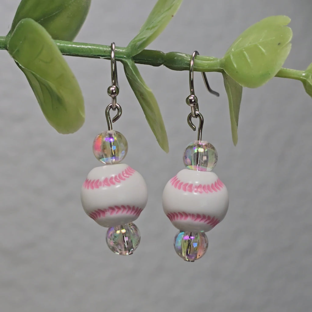 Pink Baseball Acrylic Beaded Sporty Fashion Dangling Drop Earrings. Baseball player, fan, cheerleaders , mom