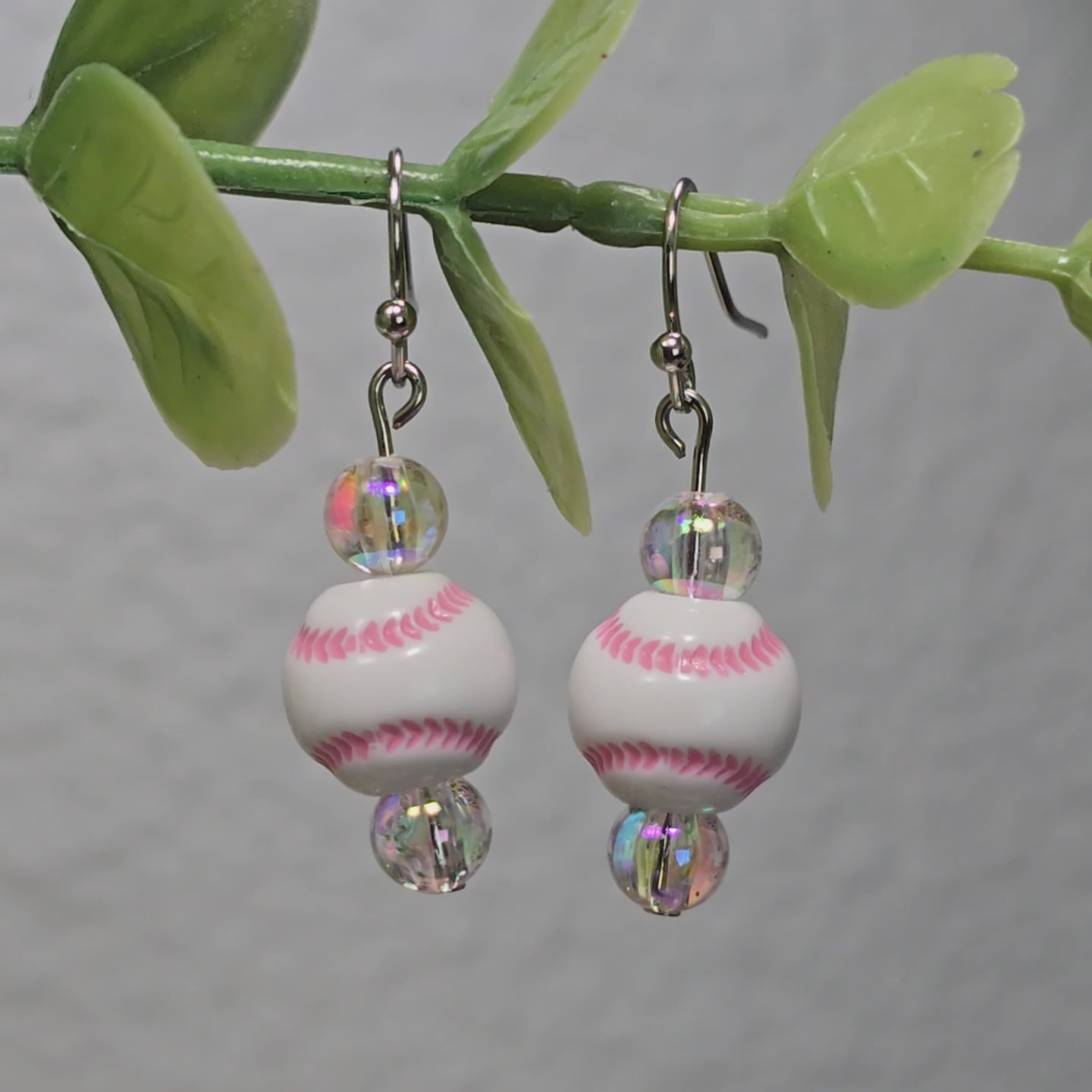 Pink Baseball Acrylic Beaded Sporty Fashion Dangling Drop Earrings. Baseball player, fan, cheerleaders , mom