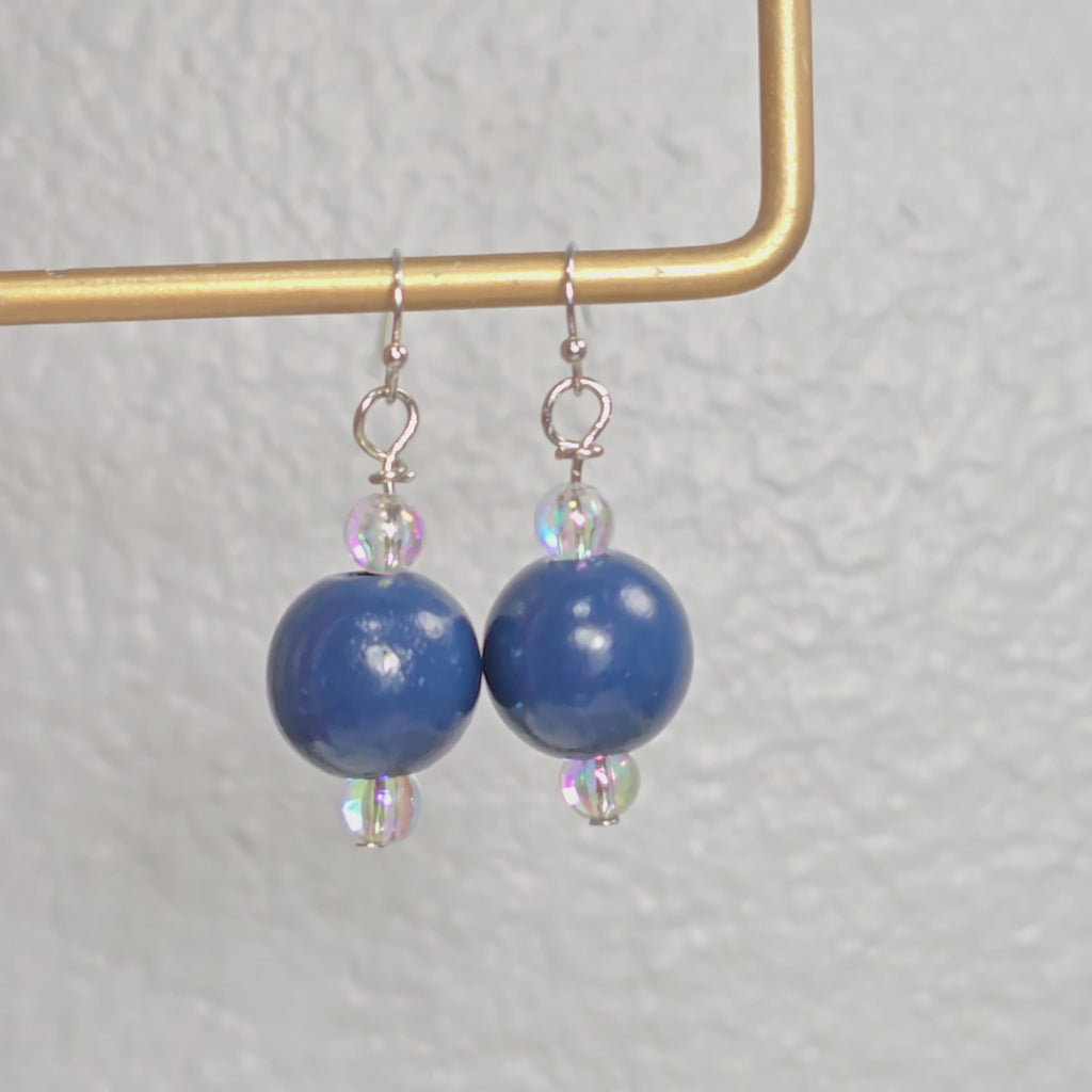 Handmade Navy Blue Wood Drop Dangling Bohemian Artistic Coastal Nautical Earrings