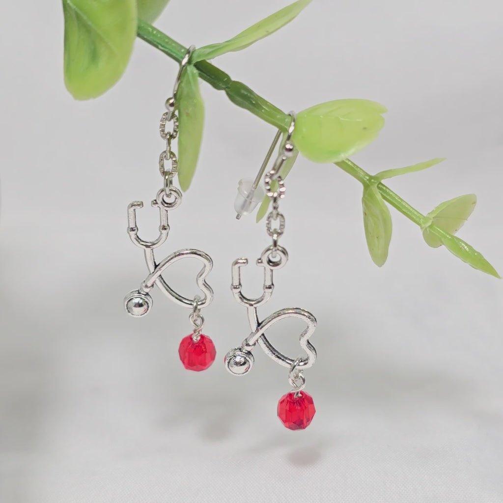 Silver Tone Stethoscope Dangling Earrings with Red Glass Bead: Nurse's Gift, Medical Professionals