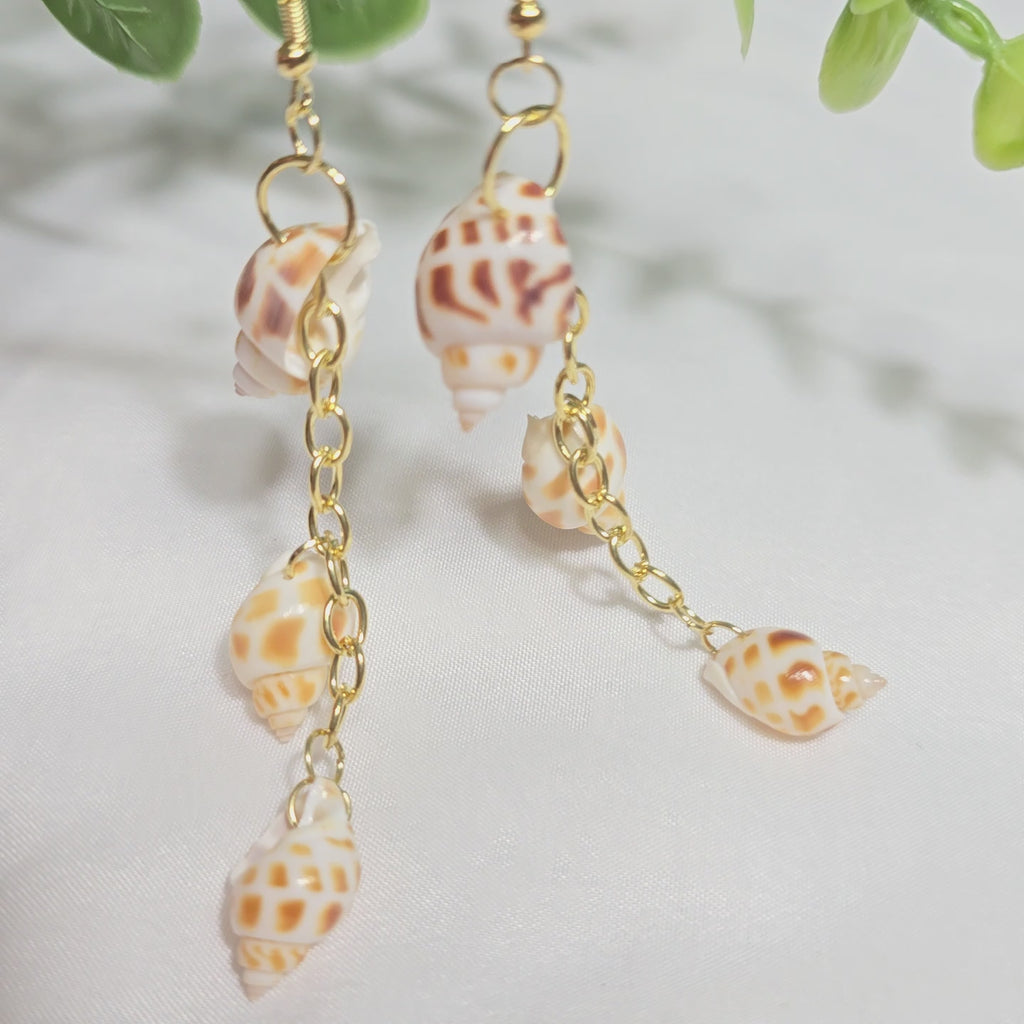 Natural shell earrings : coastal beach statement earrings with gold plated hooks and chains