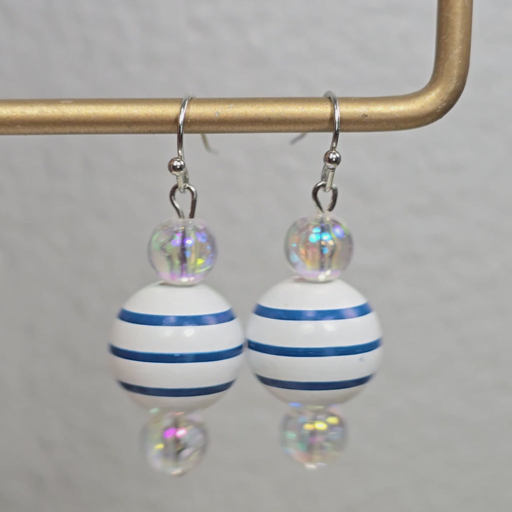 Handpainted Blue and White Stripe Wood Drop Dangling Bohemian Artistic Coastal Nautical Earrings