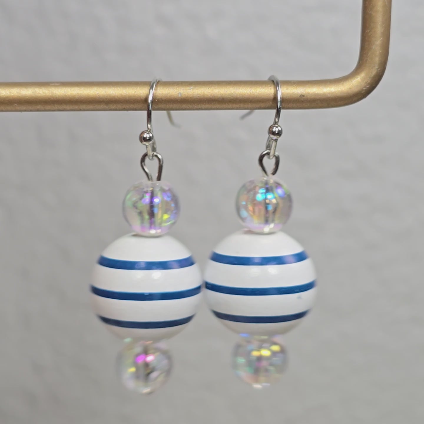 Handpainted Blue and White Stripe Wood Drop Dangling Bohemian Artistic Coastal Nautical Earrings