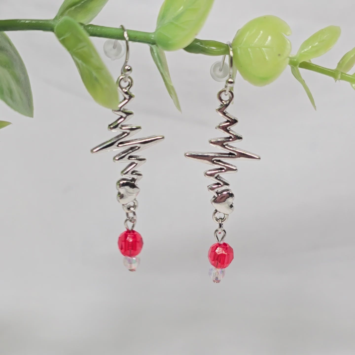 Silver Tone Heartbeat EKG Pulse Dangling Earrings with Red Glass Bead: Nurse's Gift, Medical Professionals