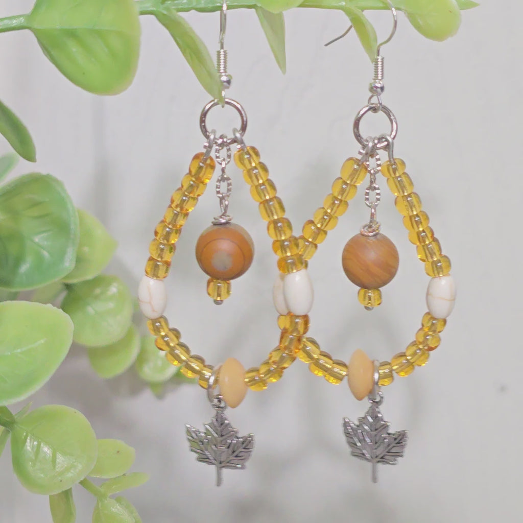Handmade fall Nature Inspired Boho  Glass Amber Yellow  Beaded Teardrop Loop Dangle Earrings: Warm, Earthy Tone Color