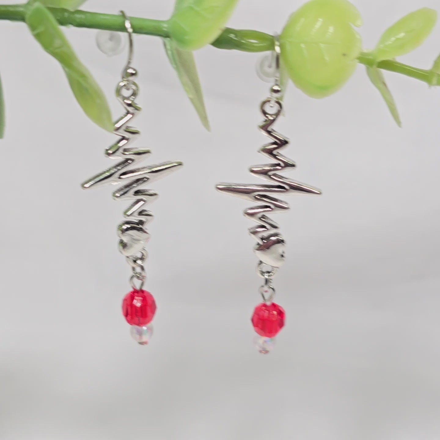 Silver Tone Heartbeat EKG Pulse Dangling Earrings with Red Glass Bead: Nurse's Gift, Medical Professionals