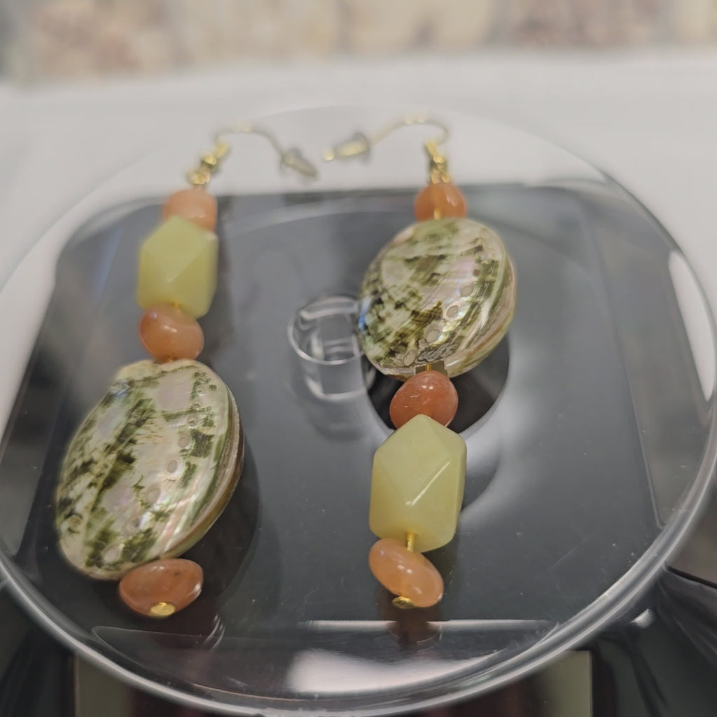 Beaded Abalone Natural shell earrings: mismatched coastal beach Bohenian statement earrings with  orange  and light green adventurine beads
