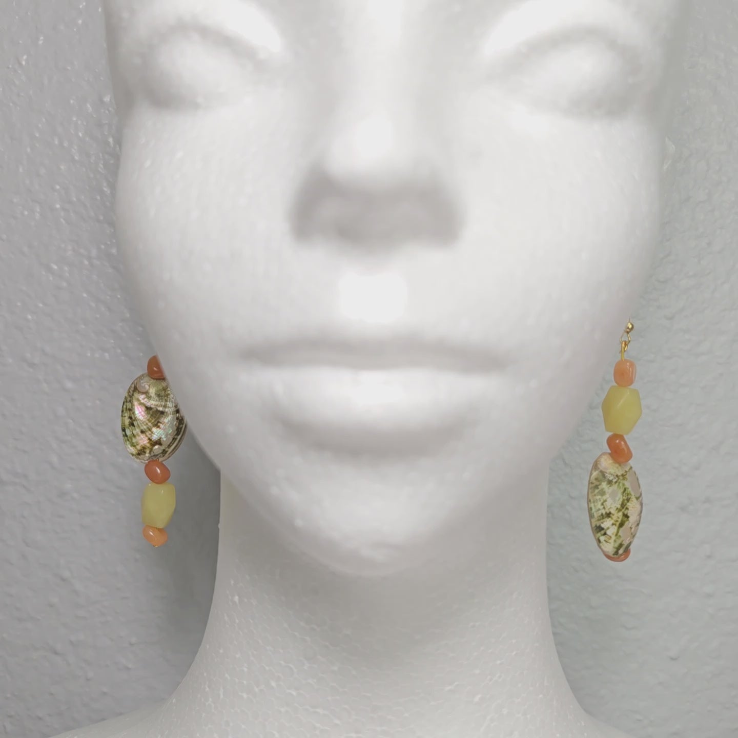 Beaded Abalone Natural shell earrings: mismatched coastal beach Bohenian statement earrings with  orange  and light green adventurine beads