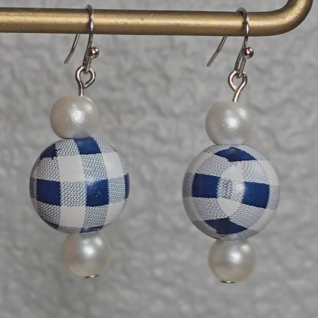 Handpainted Blue and White Gingham Wood Drop Dangling Bohemian Artistic Coastal Nautical Earrings
