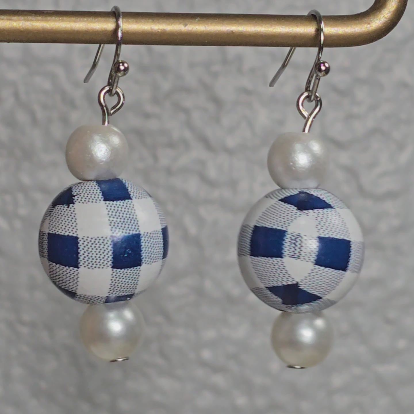 Handpainted Blue and White Gingham Wood Drop Dangling Bohemian Artistic Coastal Nautical Earrings