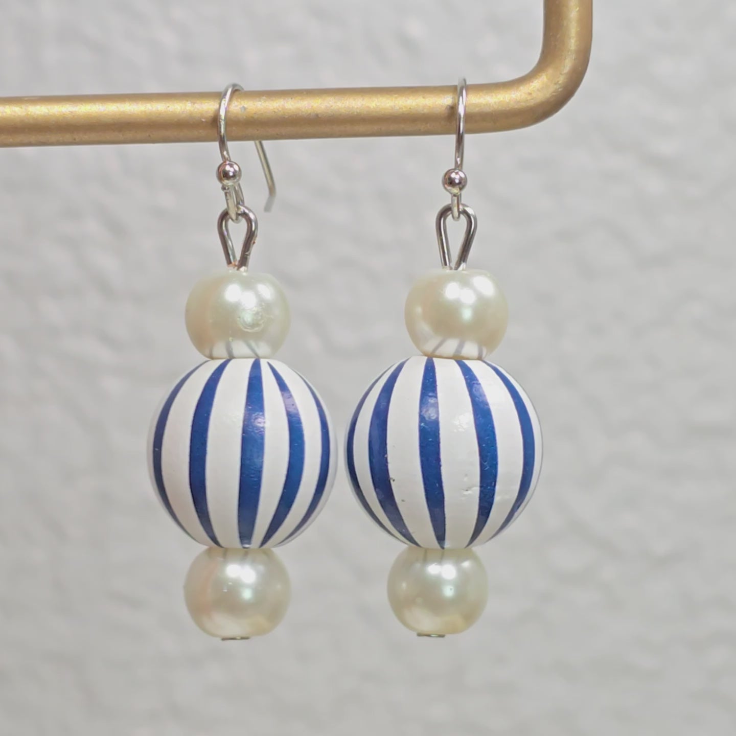 Handpainted Blue and White Stripe Wood Drop Dangling Bohemian Artistic Coastal Nautical Earrings