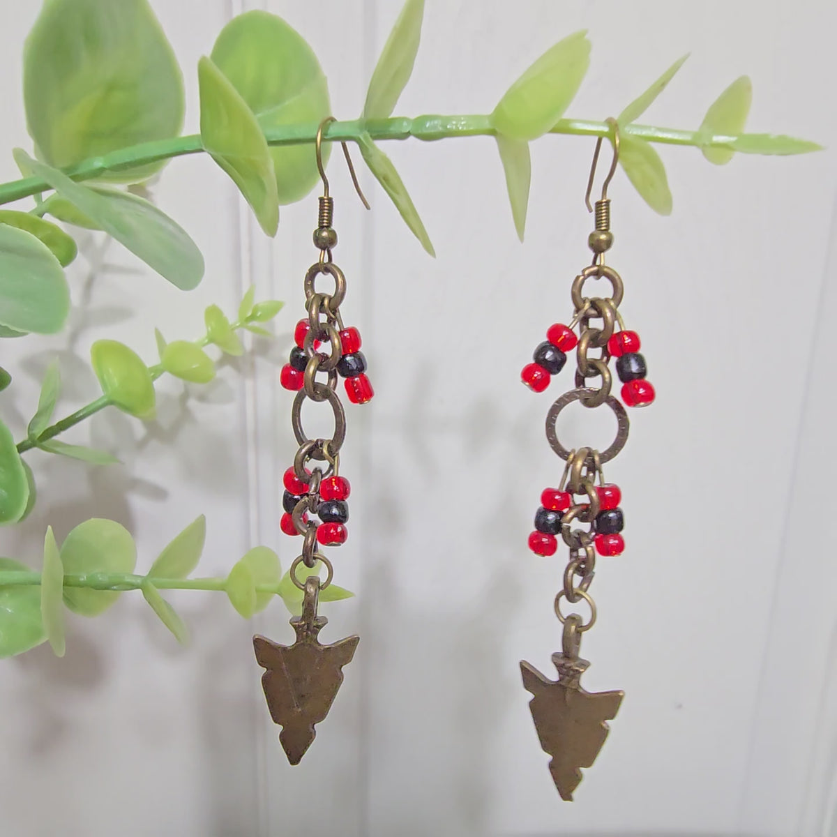 Brass Red and Black Beaded Gothic Western Style Beaded Earrings. Y2K Bohemian