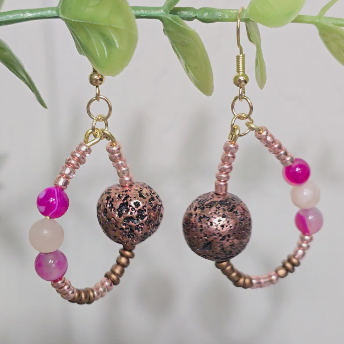 Handmade Bohemian Earthy Glass Seed Beaded Loop Earrings with Pink Agate and Adventurine Stones