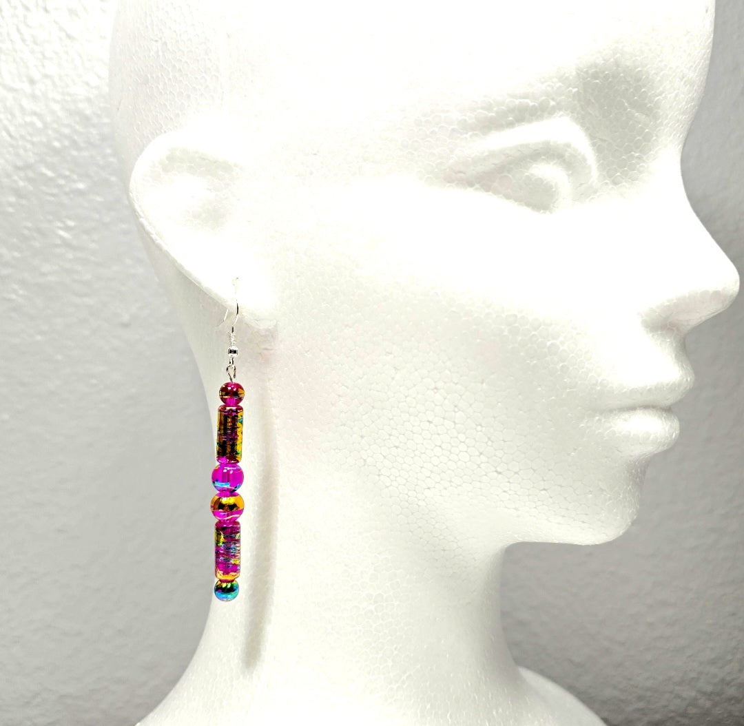 Handpainted Pink Murano Glass Drop Dangling Bohenian Artistic Earrings. One of a kind.