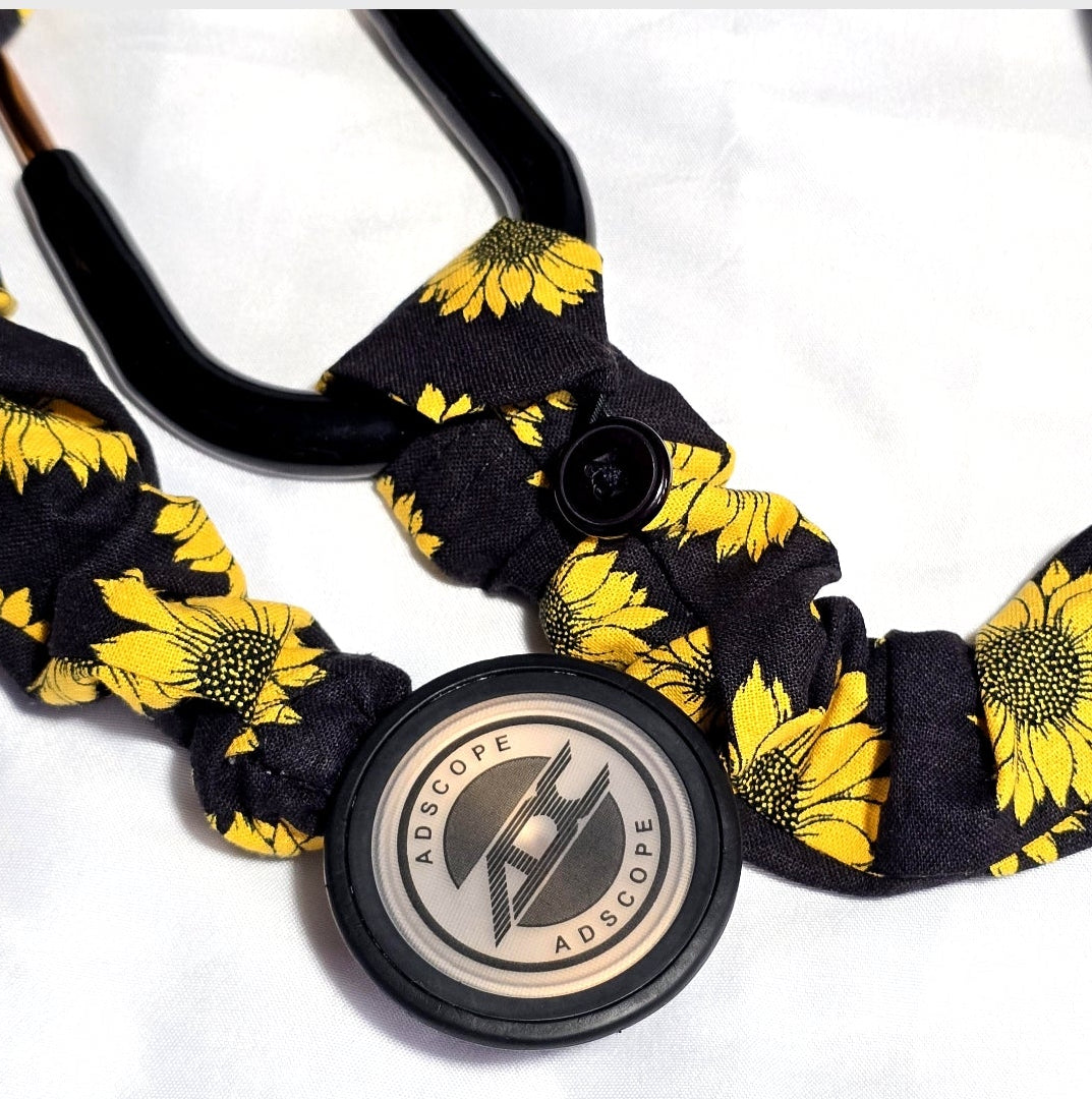 Sunflower Print Stethoscope Cover Scrunchie - Black & Yellow