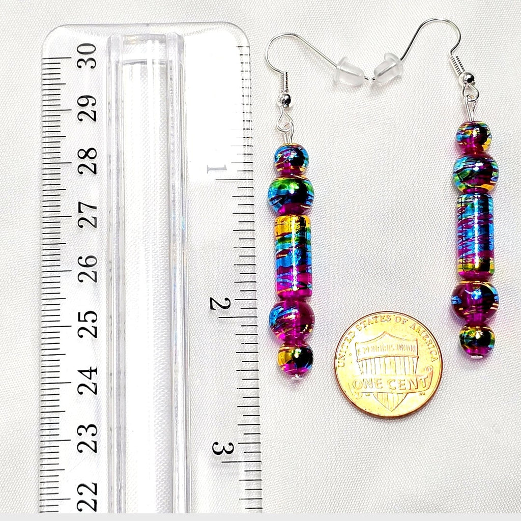 Handpainted Magenta Pink Fuchsia Murano Glass Drop Dangling Bohenian Artistic Earrings. One of a kind.