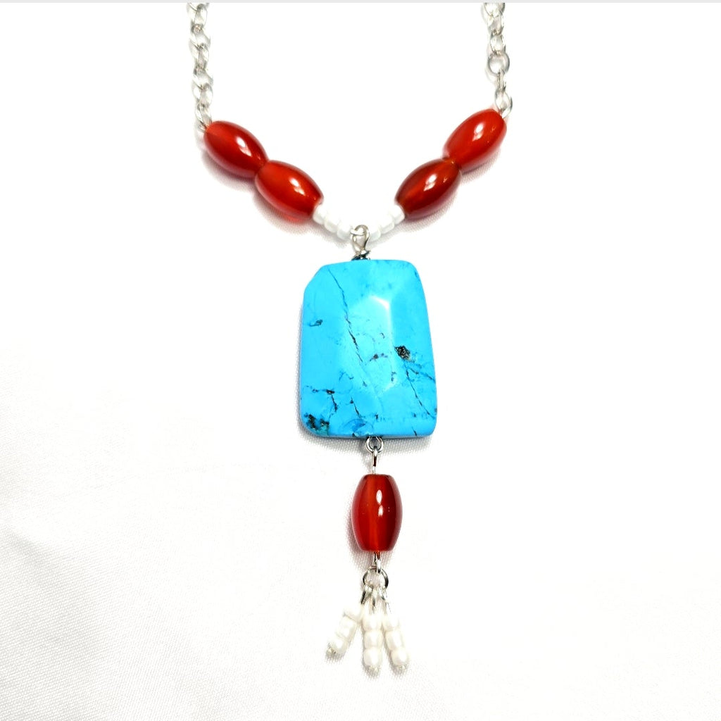 Handmade Natural Torquiose Pendant with Red Carnelian stone, white glass seed beads on silver tone chain. Y2K Bohenian Coastal Necklace Set