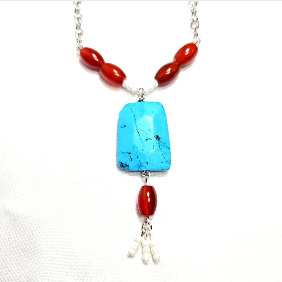 Handmade Natural Torquiose Pendant with Red Carnelian stone, white glass seed beads on silver tone chain. Y2K Bohenian Coastal Necklace Set