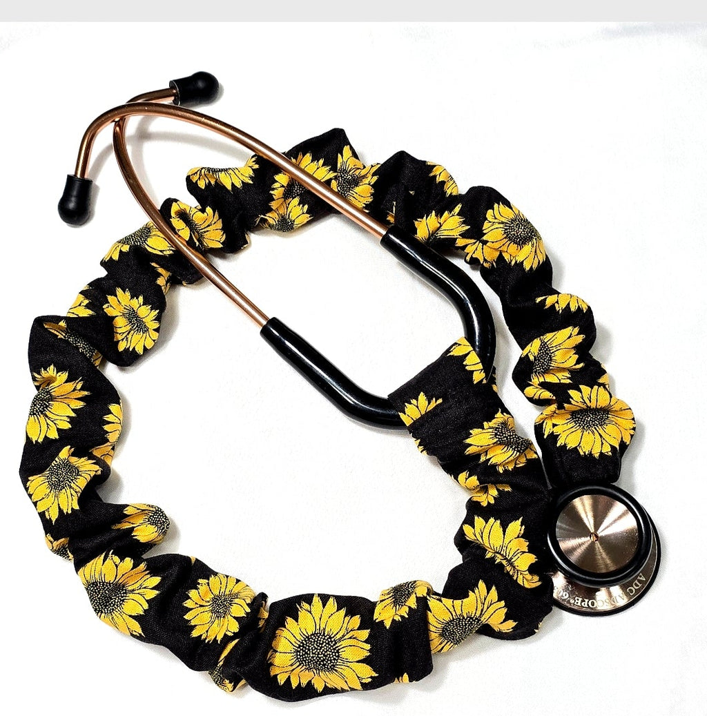 Sunflower Print Stethoscope Cover Scrunchie - Black & Yellow