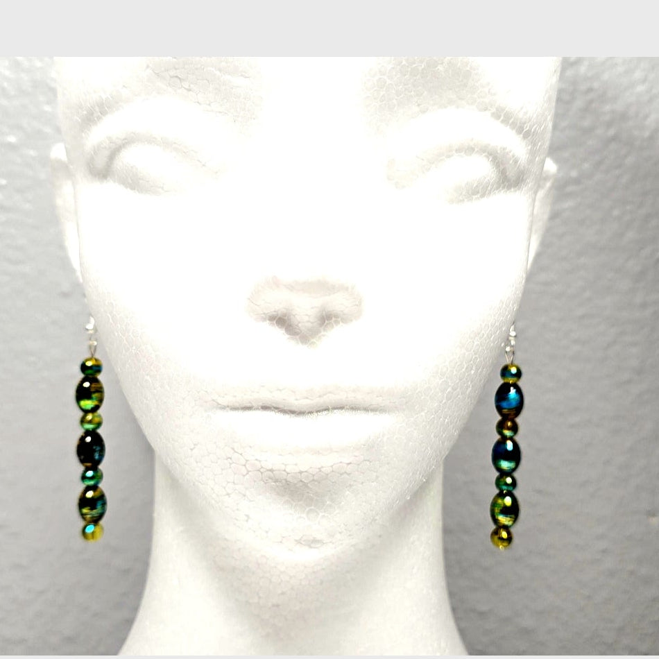 Handmade Handpainted Green Yellow Murano Glass Drop Earrings