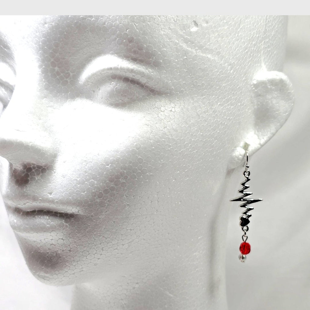 Silver Tone Heartbeat EKG Pulse Dangling Earrings with Red Glass Bead: Nurse's Gift, Medical Professionals