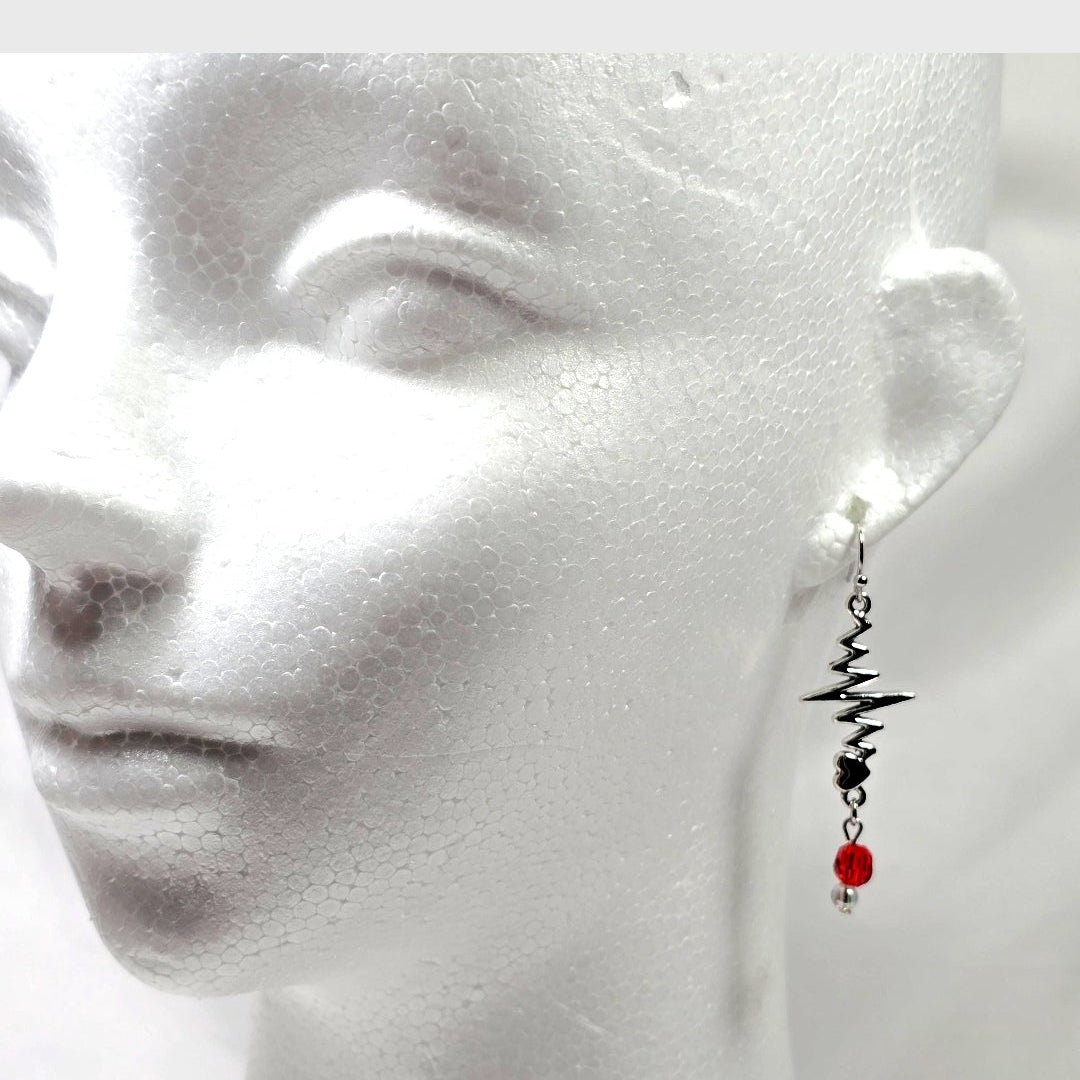 Silver Tone Heartbeat EKG Pulse Dangling Earrings with Red Glass Bead: Nurse's Gift, Medical Professionals