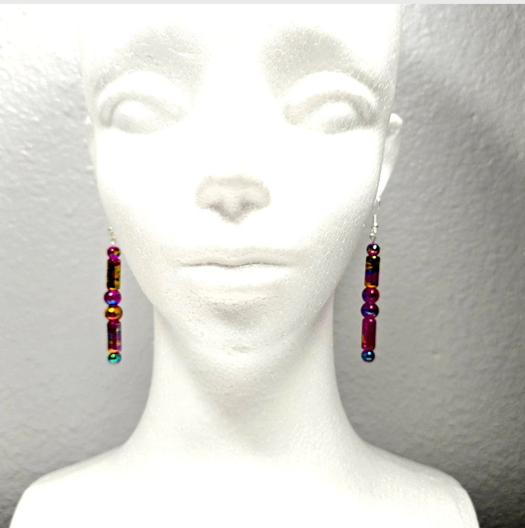 Handpainted Vibrant Pink Fuchsia Murano Glass Drop Dangling Bohenian Artistic Earrings. One of a kind.