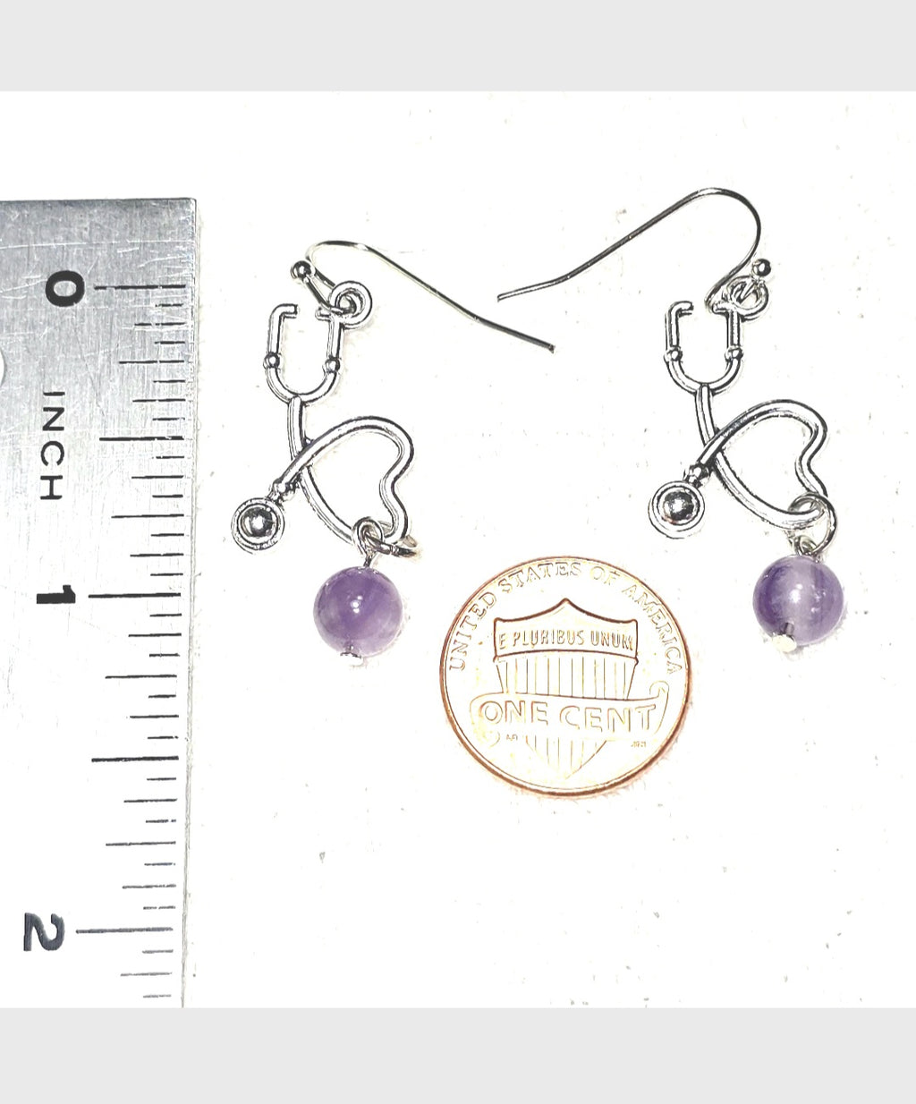 Nurse's Gift. Healthcare Professionals:  Amethyst Dangling Earrings. Heartbeat  EKG, Stethoscope