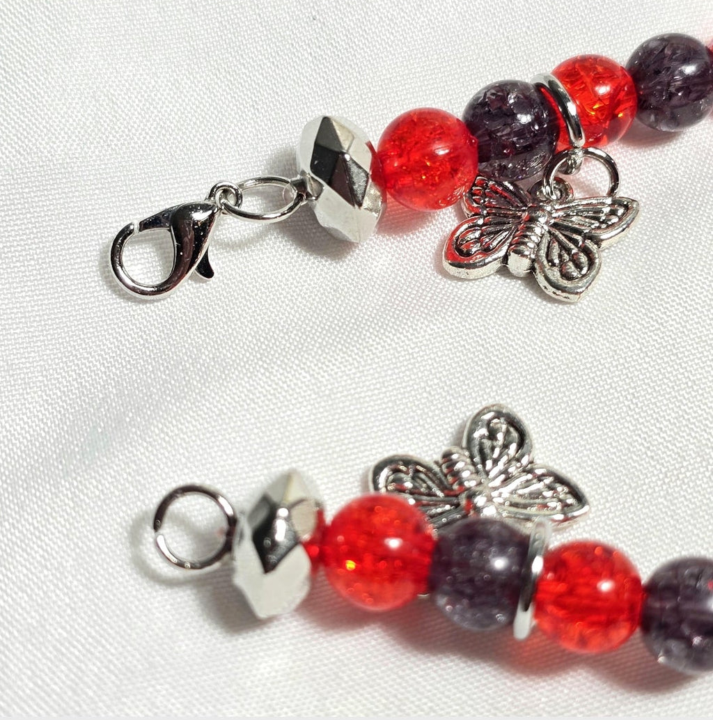Gothic Butterfly Charmed bracelet: Handmade Red and Black Beaded Bracelet