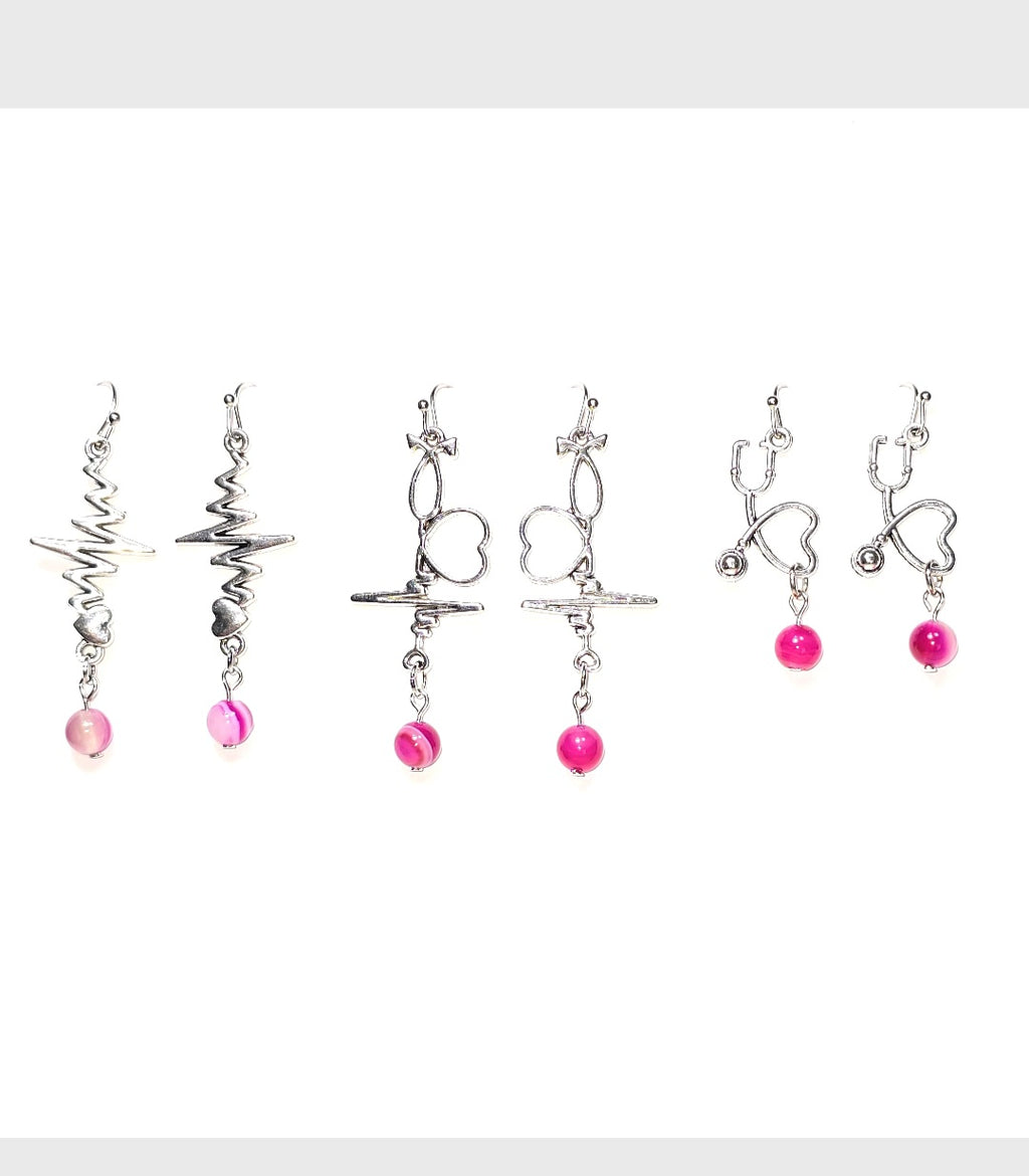Dangling Earrings: Heartbeat  EKG, Stethoscope Design with Pink Agate Stone.. Nurse's Gift Idea under 50 dollars