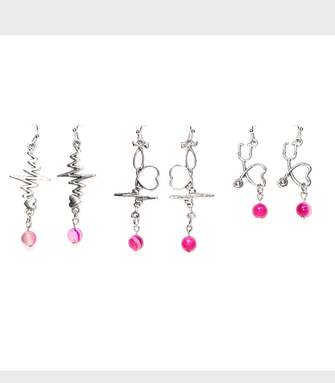 Dangling Earrings: Heartbeat  EKG, Stethoscope Design with Pink Agate Stone.. Nurse's Gift Idea under 50 dollars