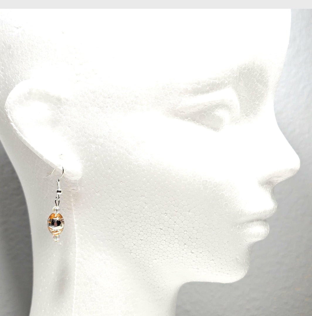 Handmade Handpainted Iridescent Amber Orange Murano Glass Drop Earrings