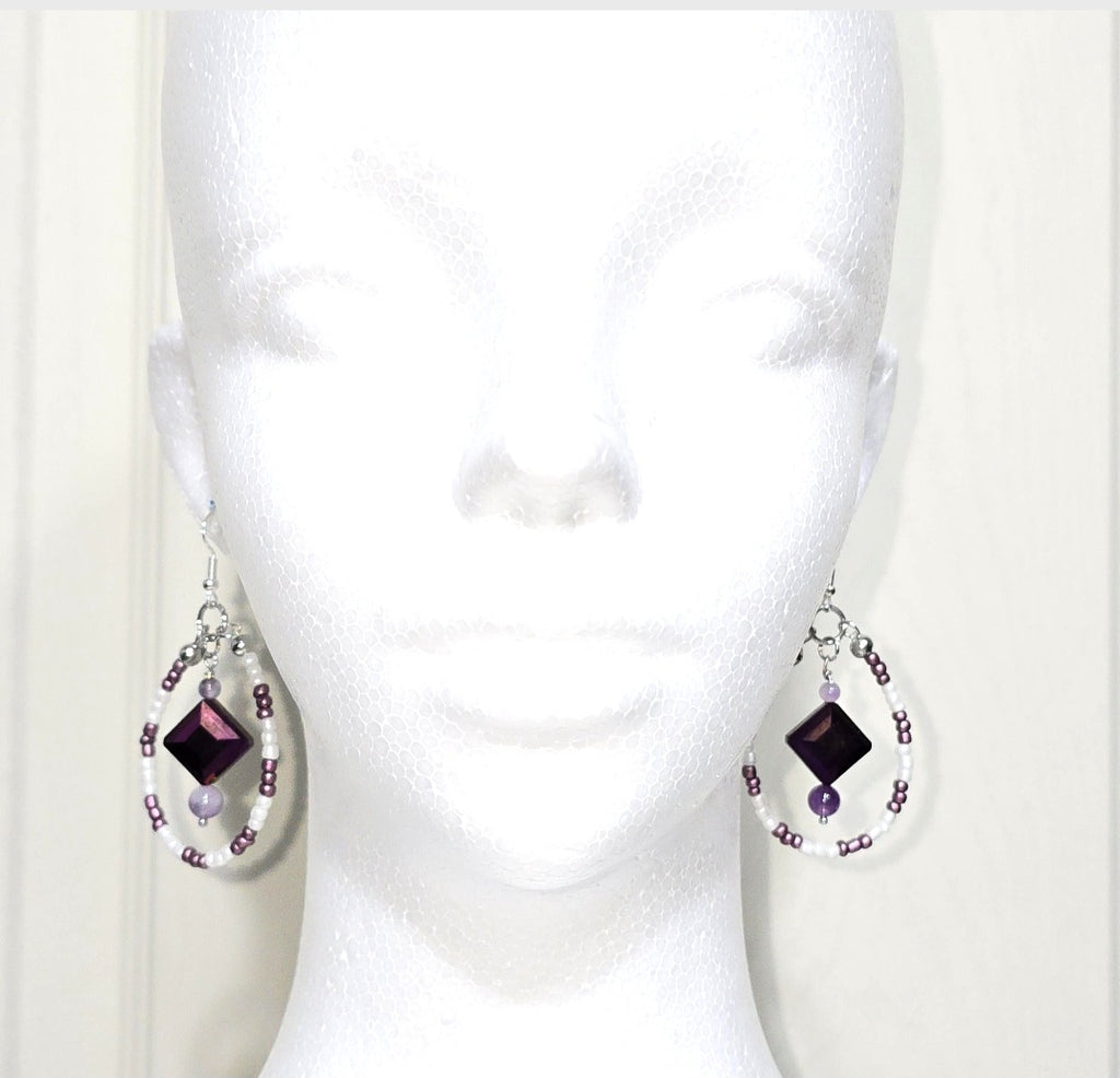 Handmade White and Purple Glass Beaded Teardrop Dangling Earrings : Artisan Unique Elegant Casual Boho-chic Eclectic, Amethyst