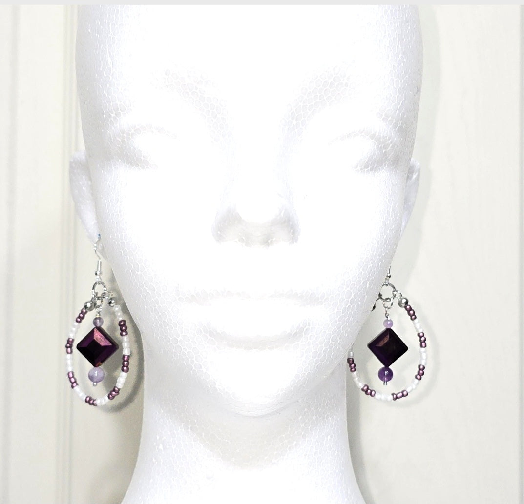 Handmade White and Purple Glass Beaded Teardrop Dangling Earrings : Artisan Unique Elegant Casual Boho-chic Eclectic, Amethyst