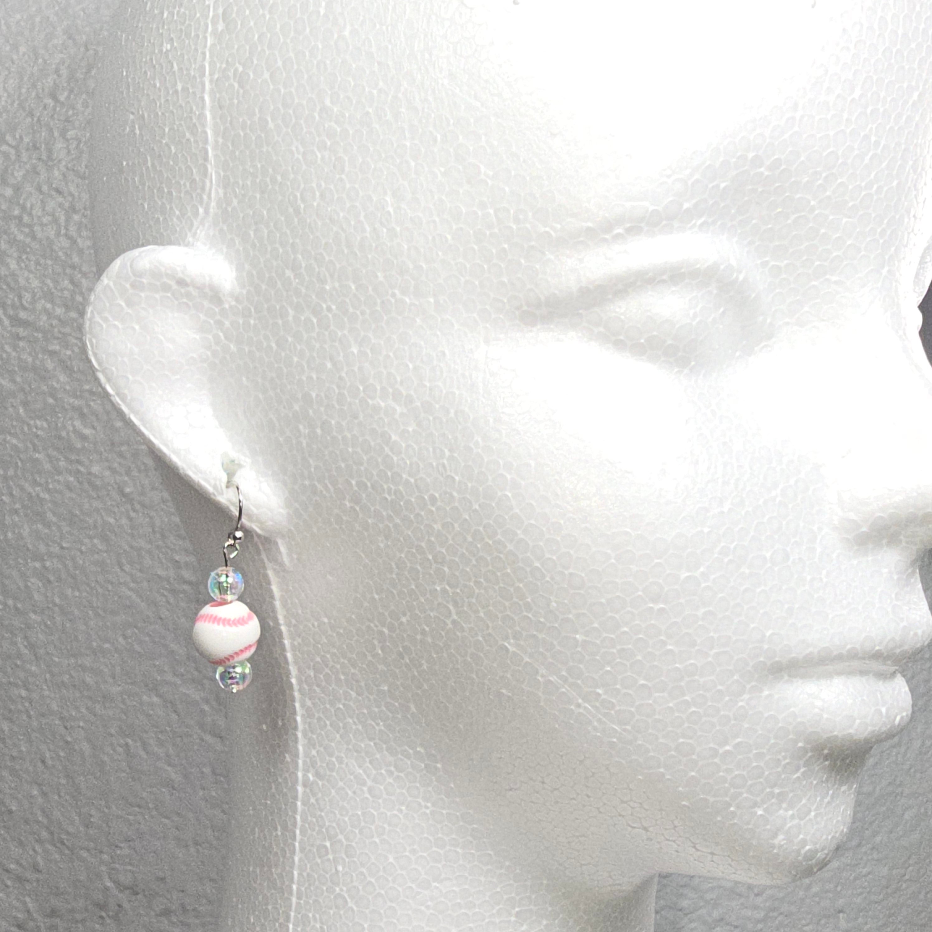 Pink Baseball Acrylic Beaded Sporty Fashion Dangling Drop Earrings. Baseball player, fan, cheerleaders , mom