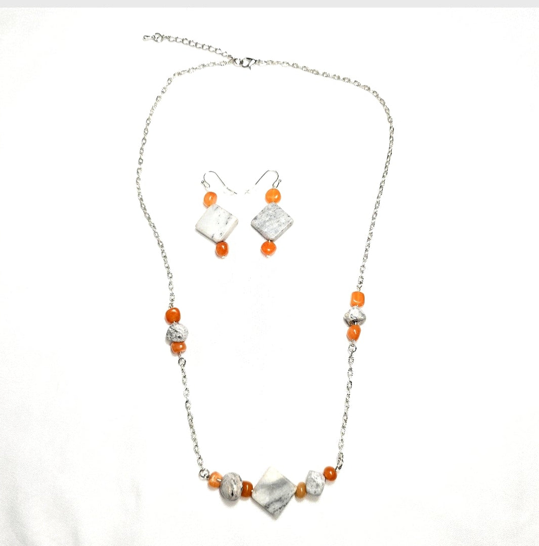 Handmade Gray Marble Pendant with Orange Carnelian stones on silver-tone chain. Y2K Bohenian Necklace Set. Neutral elegant versatile