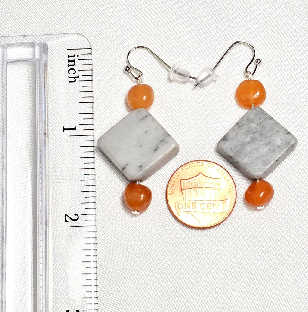 Handmade Gray Marble Pendant with Orange Carnelian stones on silver-tone chain. Y2K Bohenian Necklace Set. Neutral elegant versatile