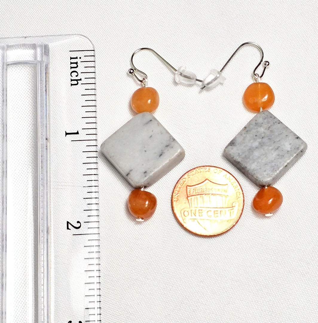 Handmade Gray Marble Pendant with Orange Carnelian stones on silver-tone chain. Y2K Bohenian Necklace Set. Neutral elegant versatile
