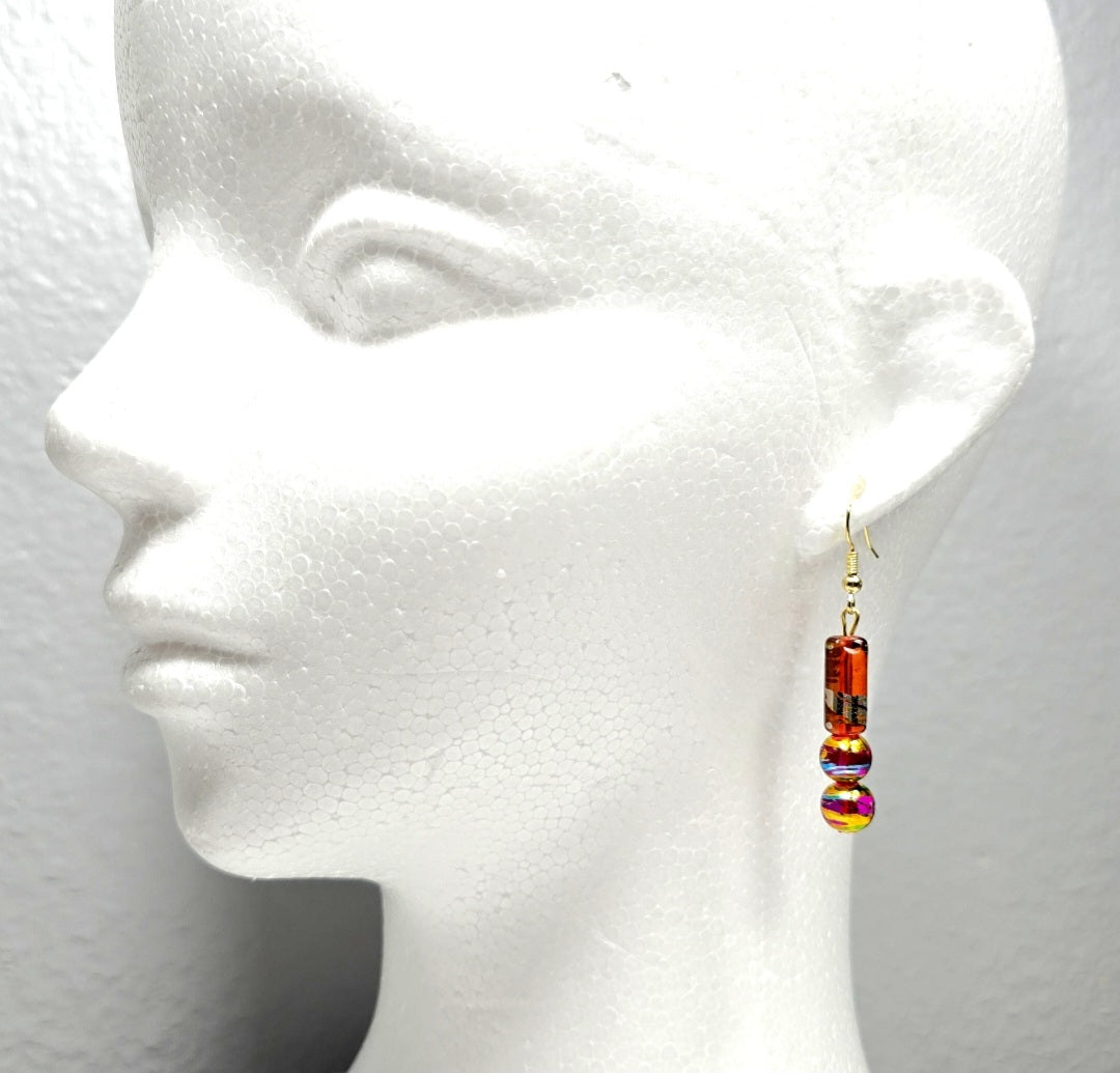 Handpainted Orange Murano Glass Drop Dangling Bohenian Artistic Earrings. One of a kind.