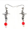 Silver Tone Heartbeat EKG Pulse Dangling Earrings with Red Glass Bead: Nurse's Gift, Medical Professionals