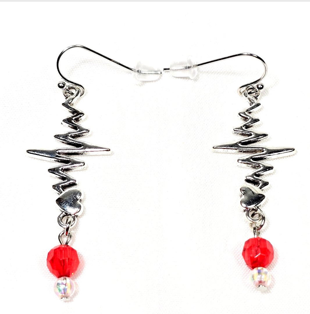 Silver Tone Heartbeat EKG Pulse Dangling Earrings with Red Glass Bead: Nurse's Gift, Medical Professionals