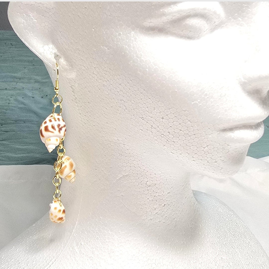 Natural shell earrings : coastal beach statement earrings with gold plated hooks and chains