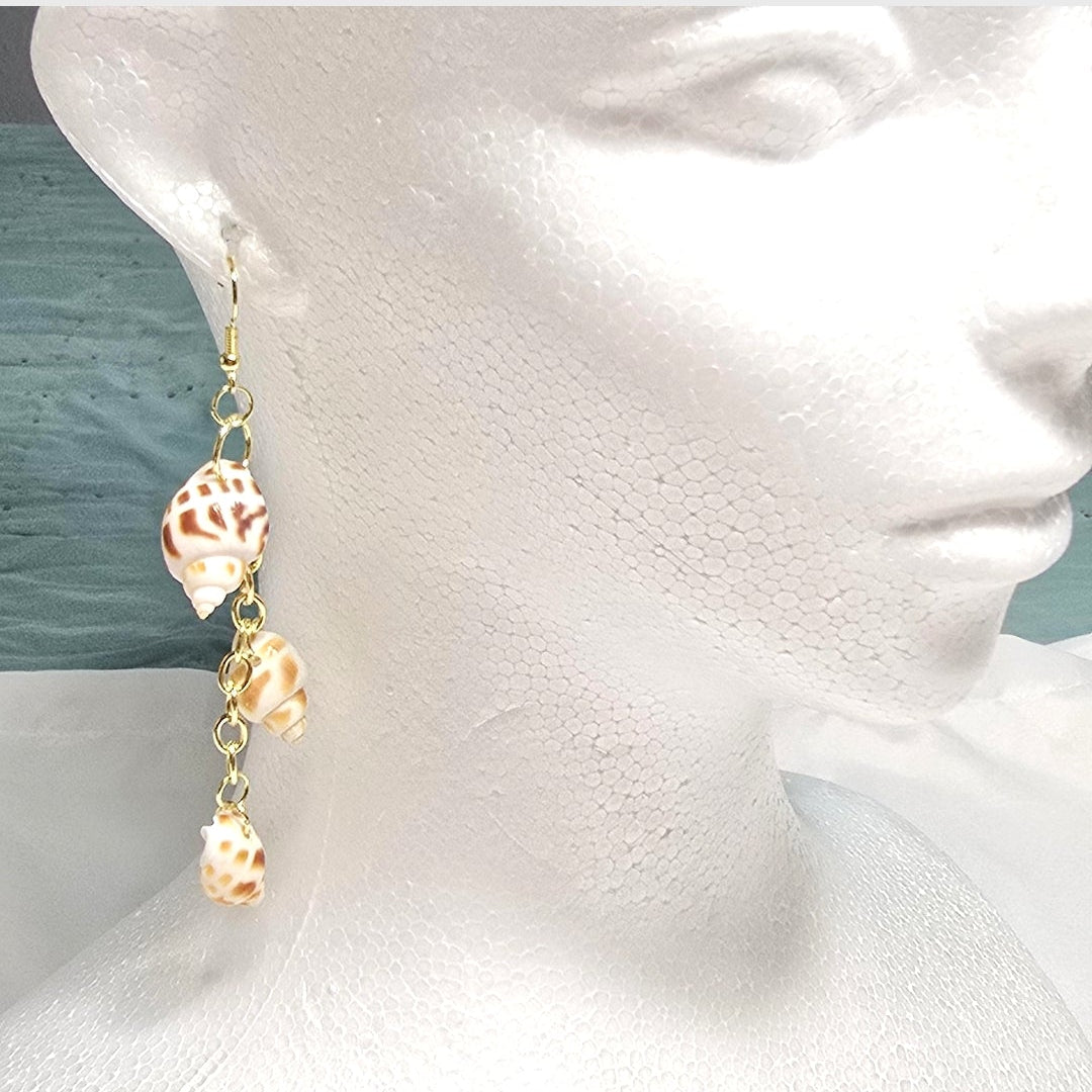 Natural shell earrings : coastal beach statement earrings with gold plated hooks and chains