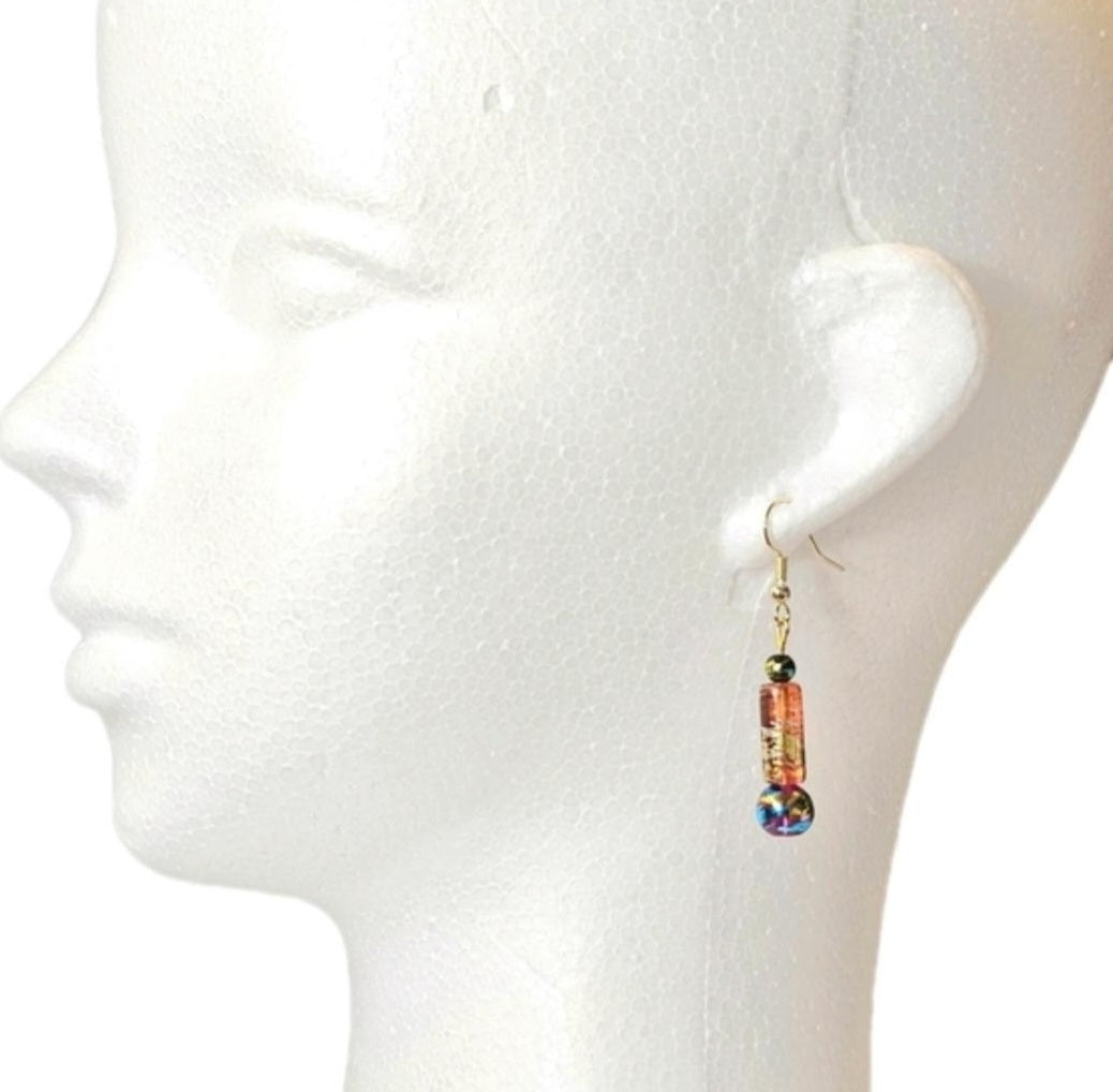 Mult-icolored Handpainted Murano Glass Drop Earrings with Gold Accents