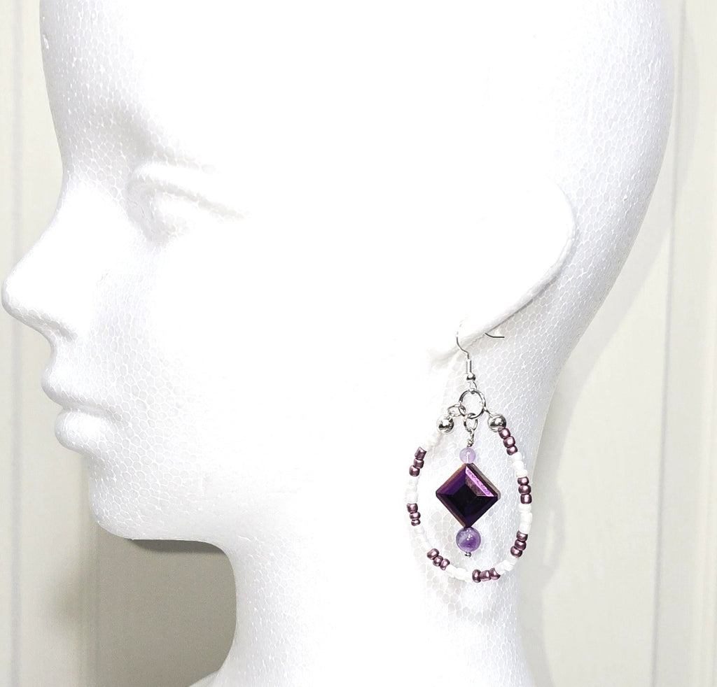 Handmade White and Purple Glass Beaded Teardrop Dangling Earrings : Artisan Unique Elegant Casual Boho-chic Eclectic, Amethyst