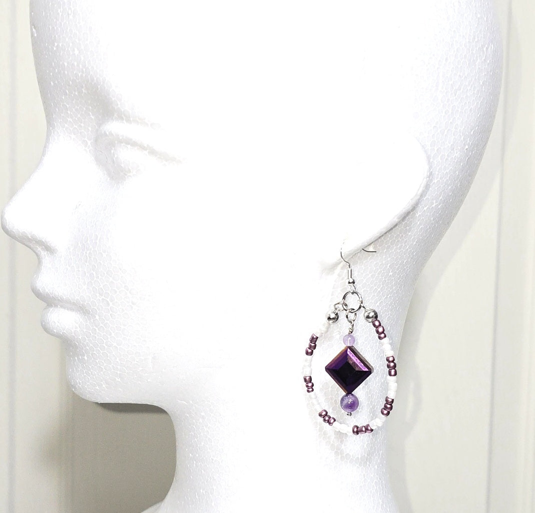 Handmade White and Purple Glass Beaded Teardrop Dangling Earrings : Artisan Unique Elegant Casual Boho-chic Eclectic, Amethyst