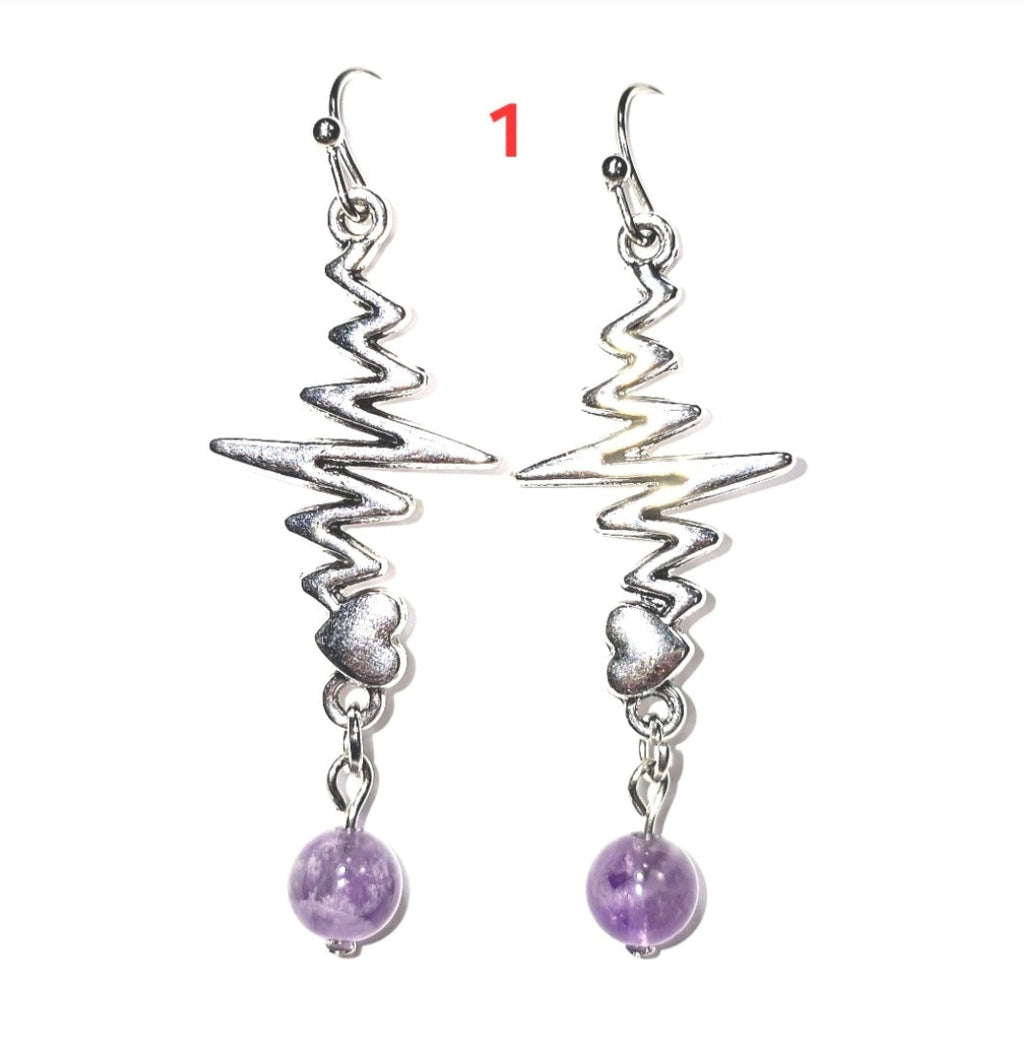 Nurse's Gift. Healthcare Professionals:  Amethyst Dangling Earrings. Heartbeat  EKG, Stethoscope