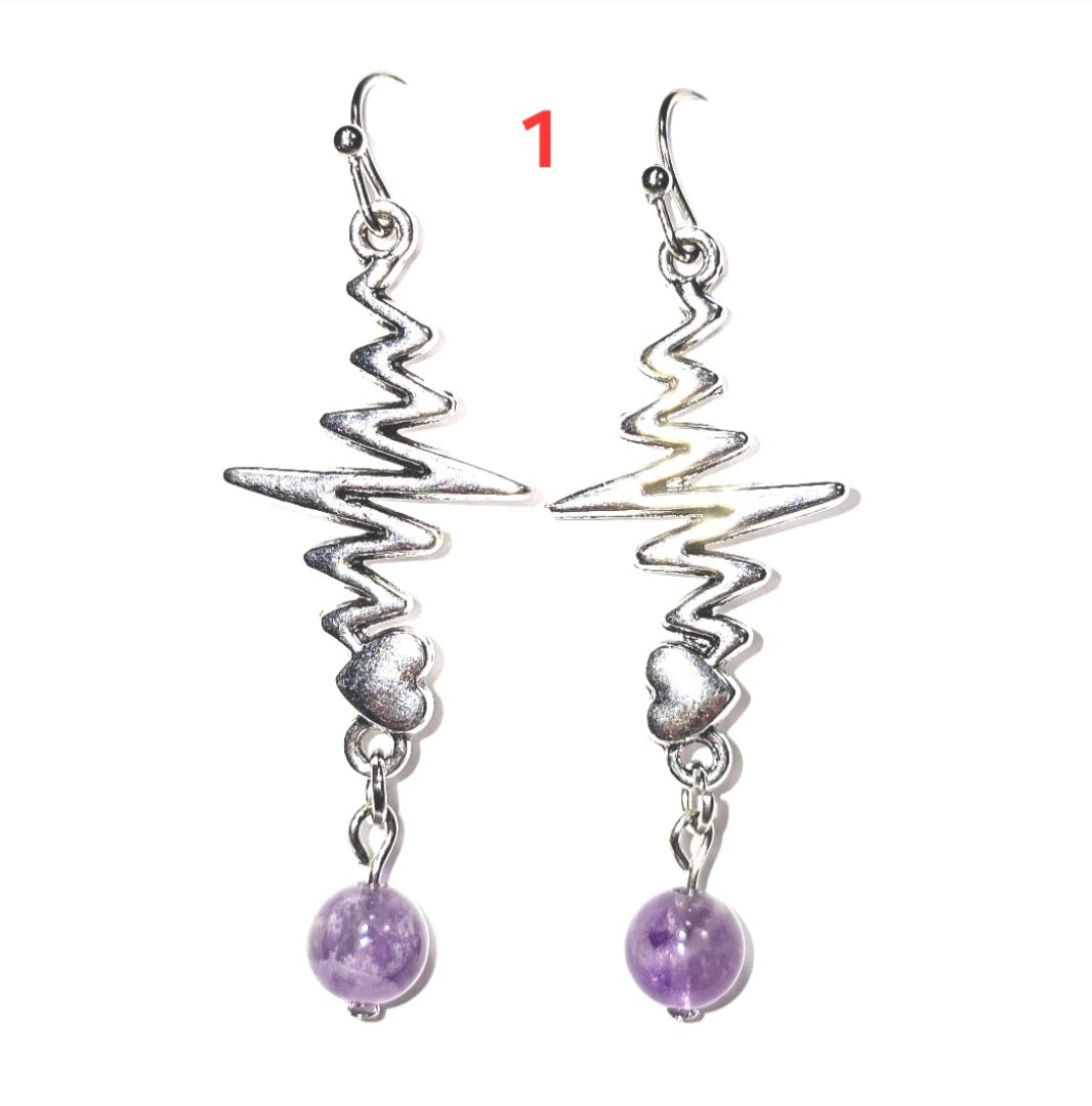 Nurse's Gift. Healthcare Professionals:  Amethyst Dangling Earrings. Heartbeat  EKG, Stethoscope