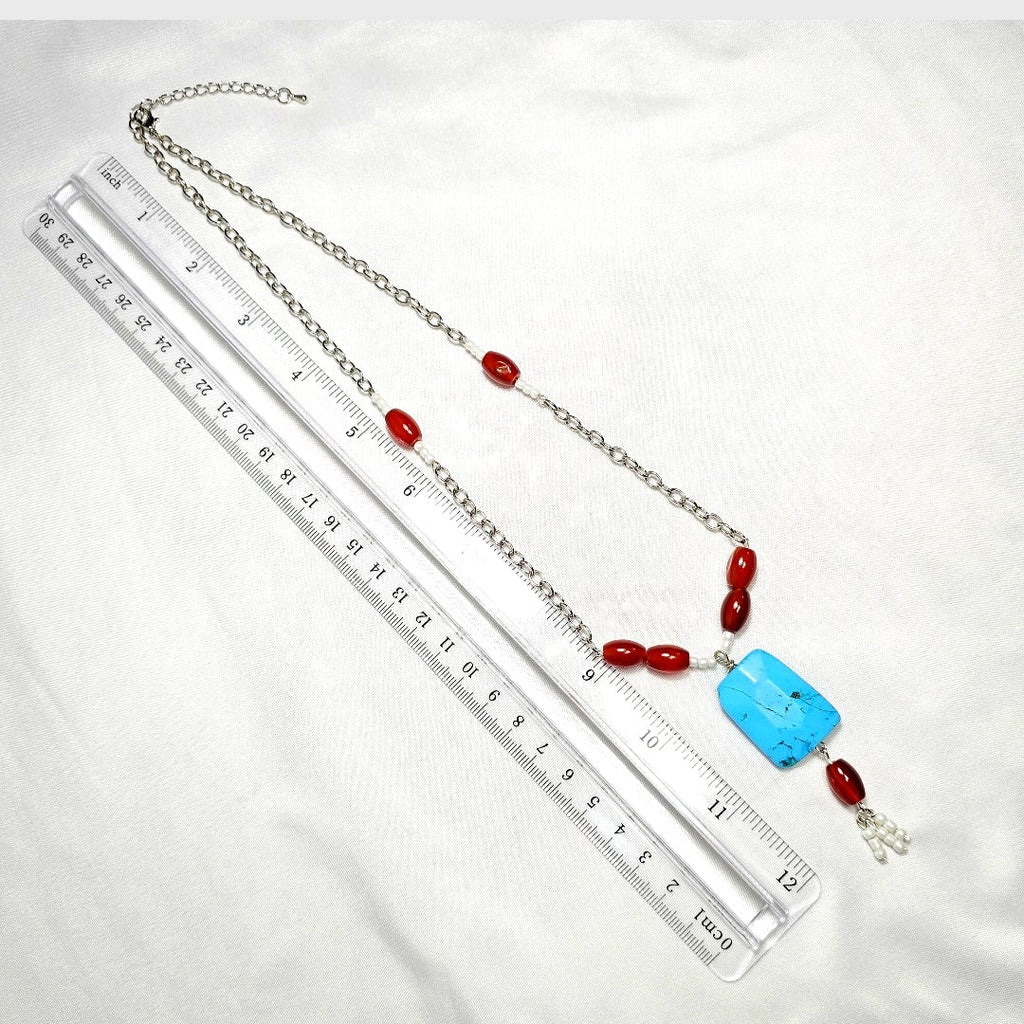 Handmade Natural Torquiose Pendant with Red Carnelian stone, white glass seed beads on silver tone chain. Y2K Bohenian Coastal Necklace Set
