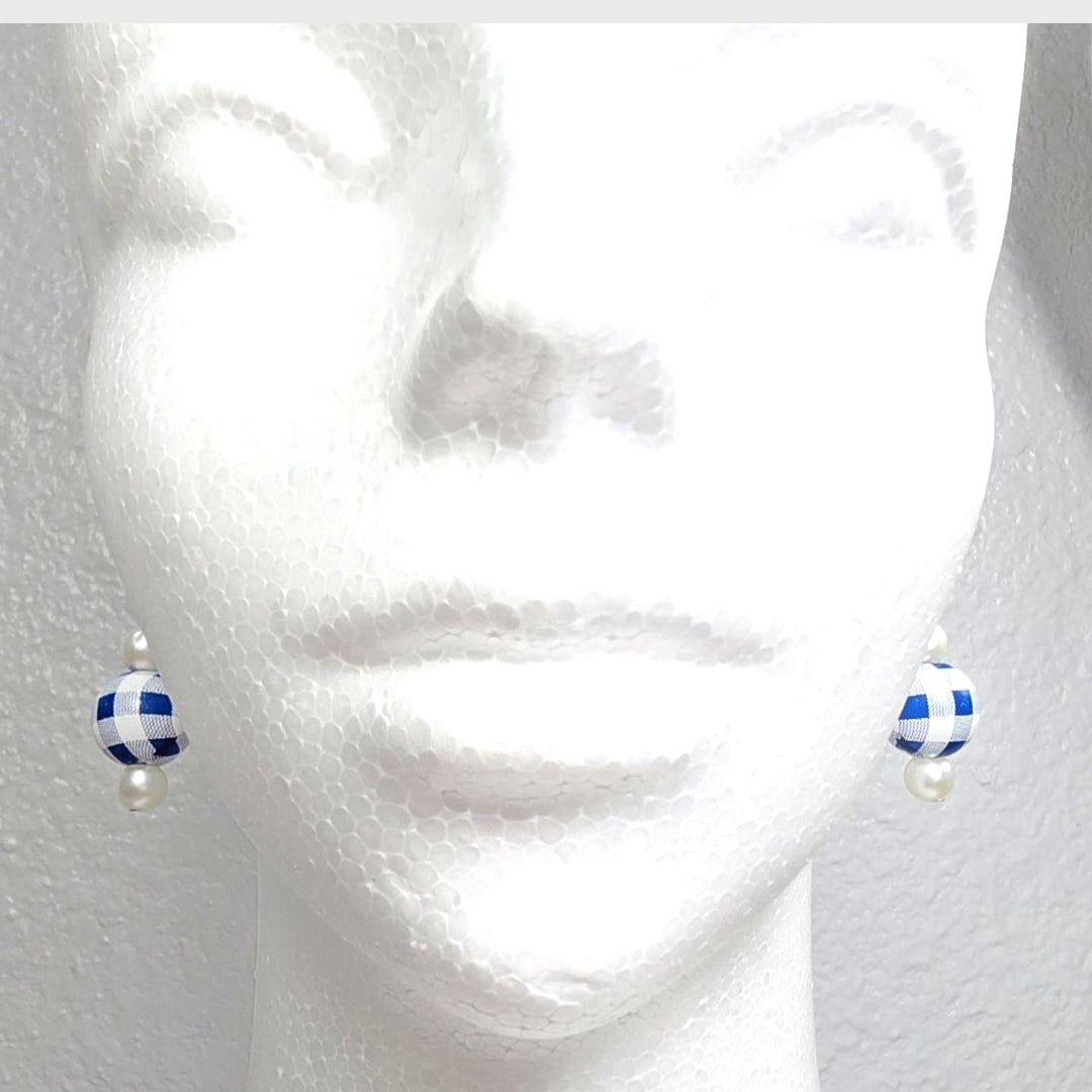 Handpainted Blue and White Gingham Wood Drop Dangling Bohemian Artistic Coastal Nautical Earrings